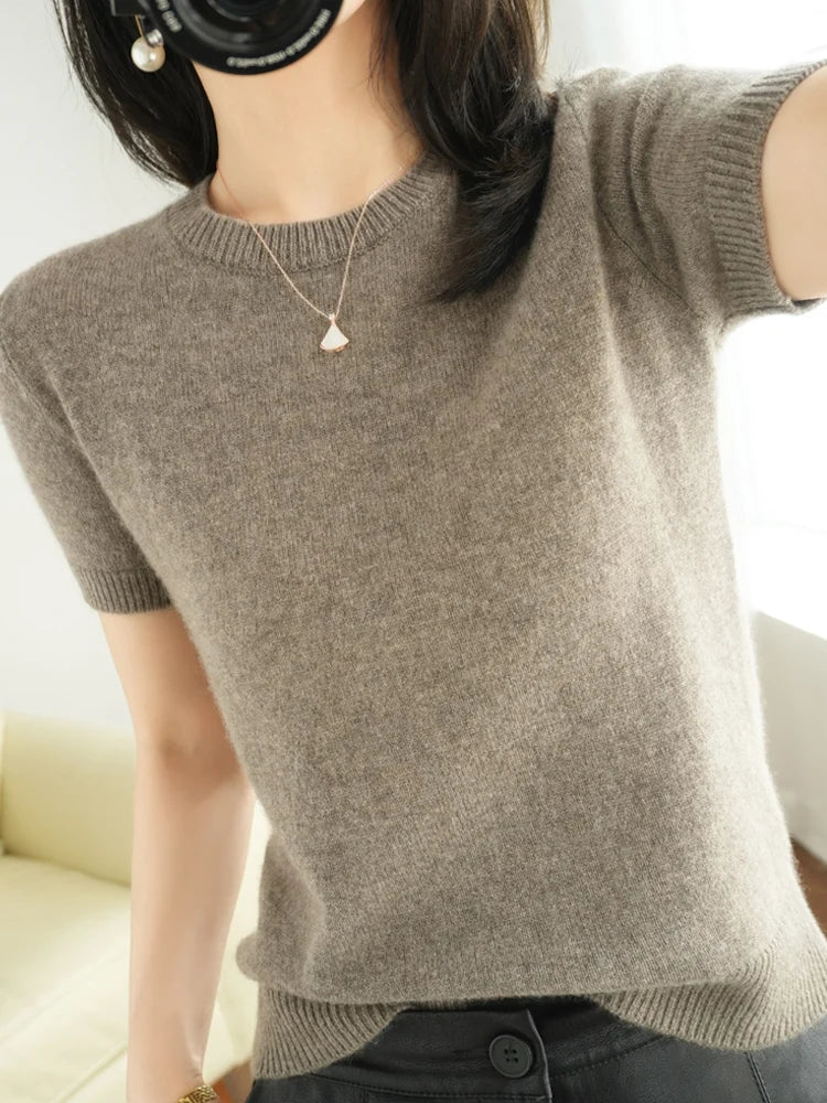 Spring and Summer New Short-sleeved Women O-neck Slim  Sweater