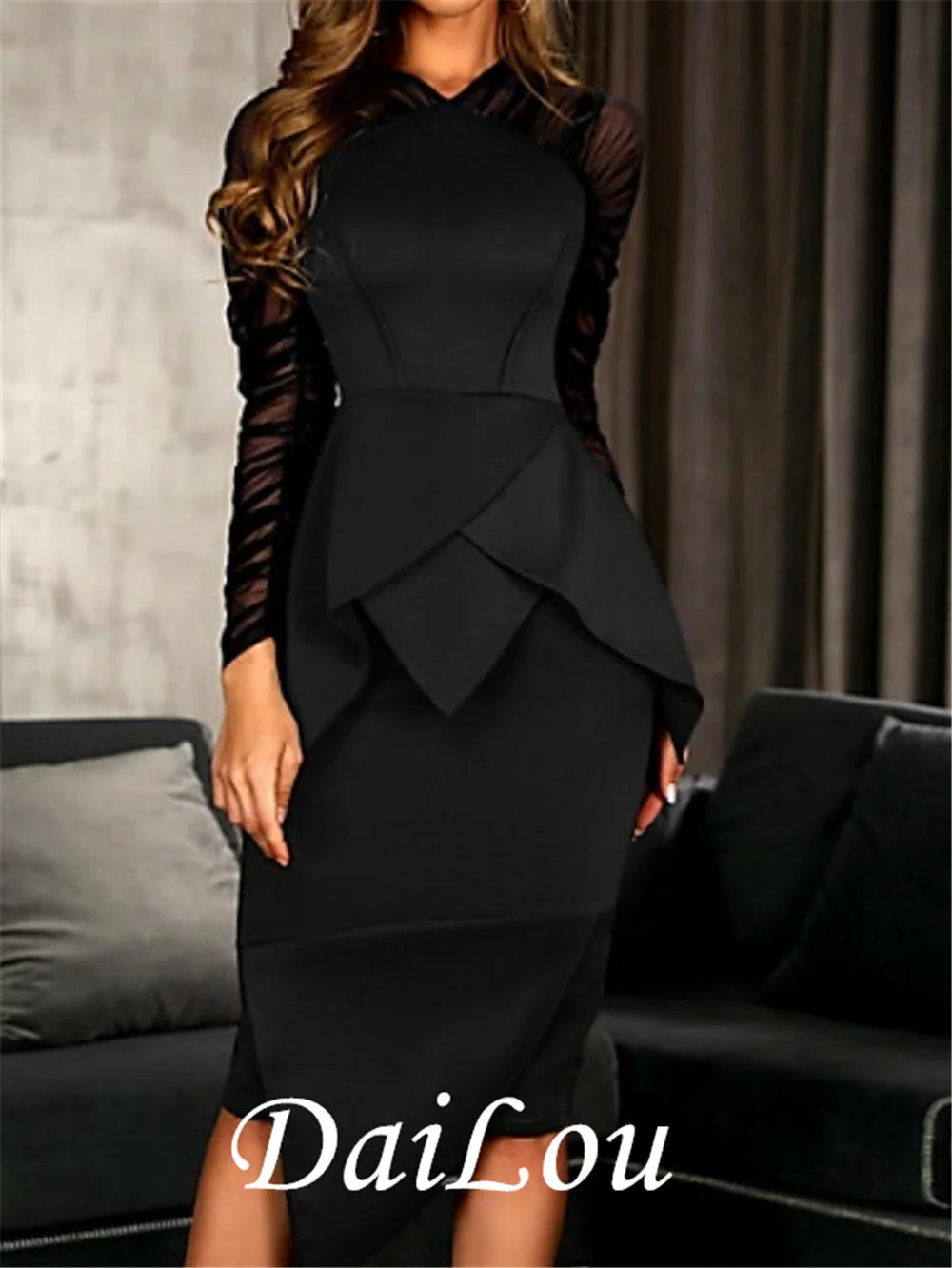 Little Black Dress Elegant Wedding Guest Cocktail Party Dress High Neck Long Sleeve Knee Length Satin With Ruched Ruffles