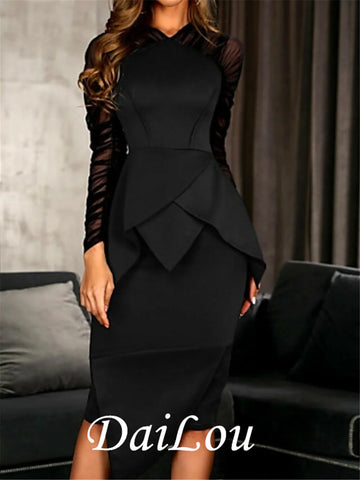 Little Black Dress Elegant Wedding Guest Cocktail Party Dress High Neck Long Sleeve Knee Length Satin With Ruched Ruffles