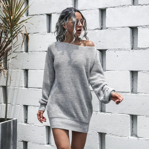 sleeve knitted sweater dress O-neck A Line Short Mini Knitted Dresses