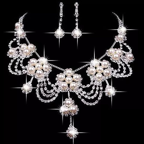 Women's Luxury Rhinestone Faux Pearl Necklace Earring Wedding Bridal Jewelry Set luxury shiny jewelry set women wedding jewelry