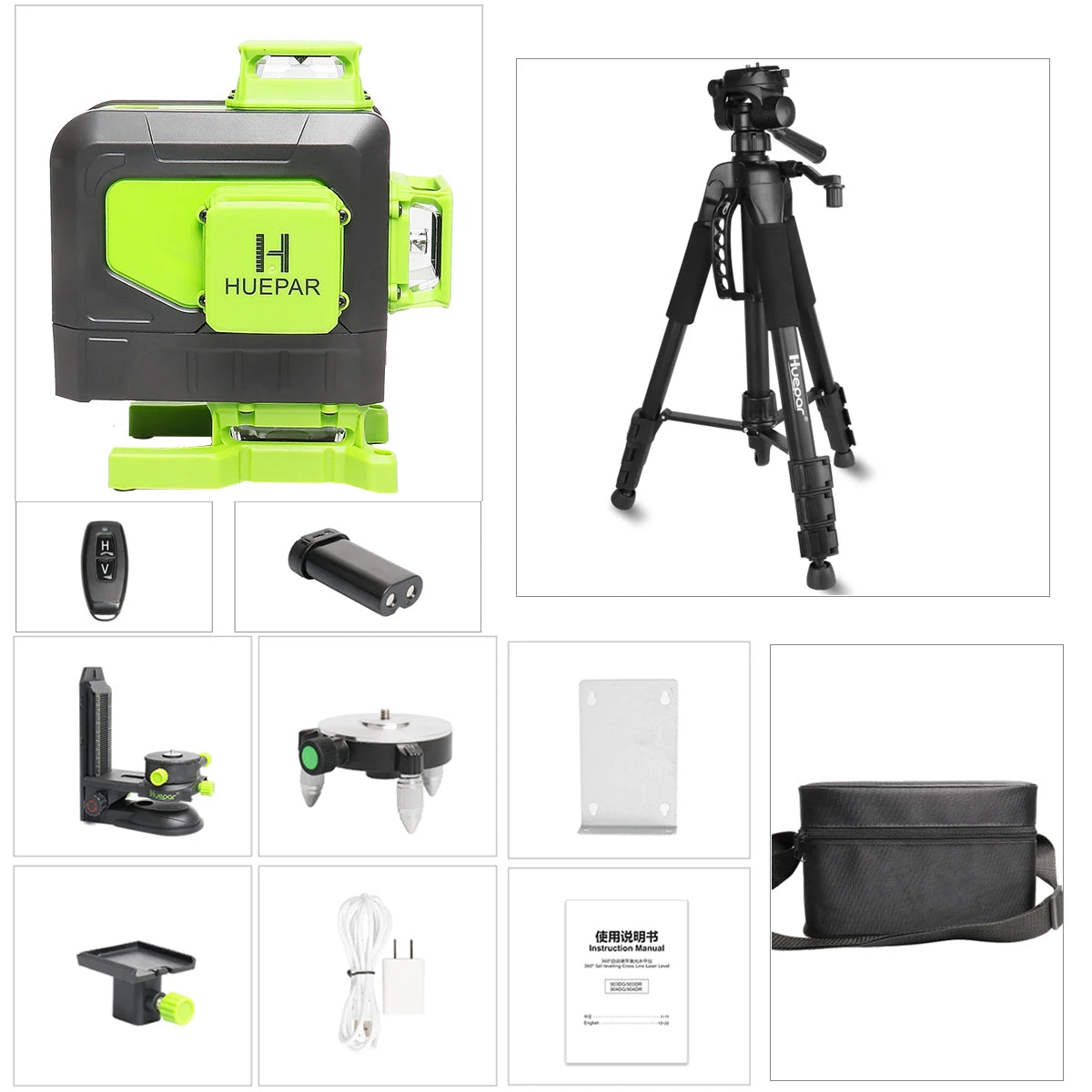 Huepar 4D 16 Lines Cross Line Laser Level Green Beam Lines Multi function & Remote Control With Li-ion battery For Tiles Floor