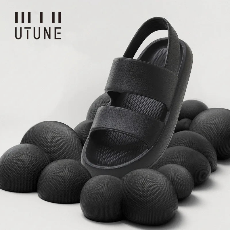 UTUNE Men's Sandals Summer Platform Shoes Women Beach Outside EVA Slippers Man Soft Thick Sole Non-slip Indoor Slides Cool Black