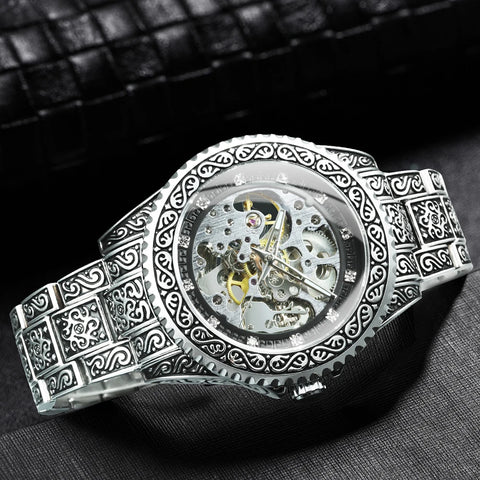 WINNER Vintage Engraved Luxury Mechanical Watches for Men Fashion Diamond Stainless Steel Strap Gold Automatic Skeleton Watch