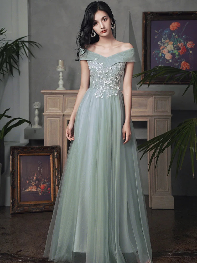 New sweat greydish green long lady girl women princess banquet bridesmaid performance dance ball dress gown free ship