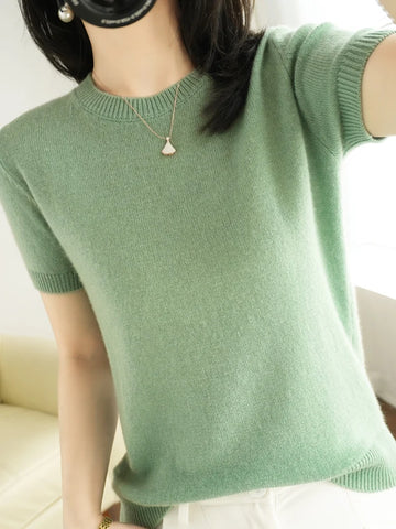 Spring and Summer New Short-sleeved Women O-neck Slim  Sweater