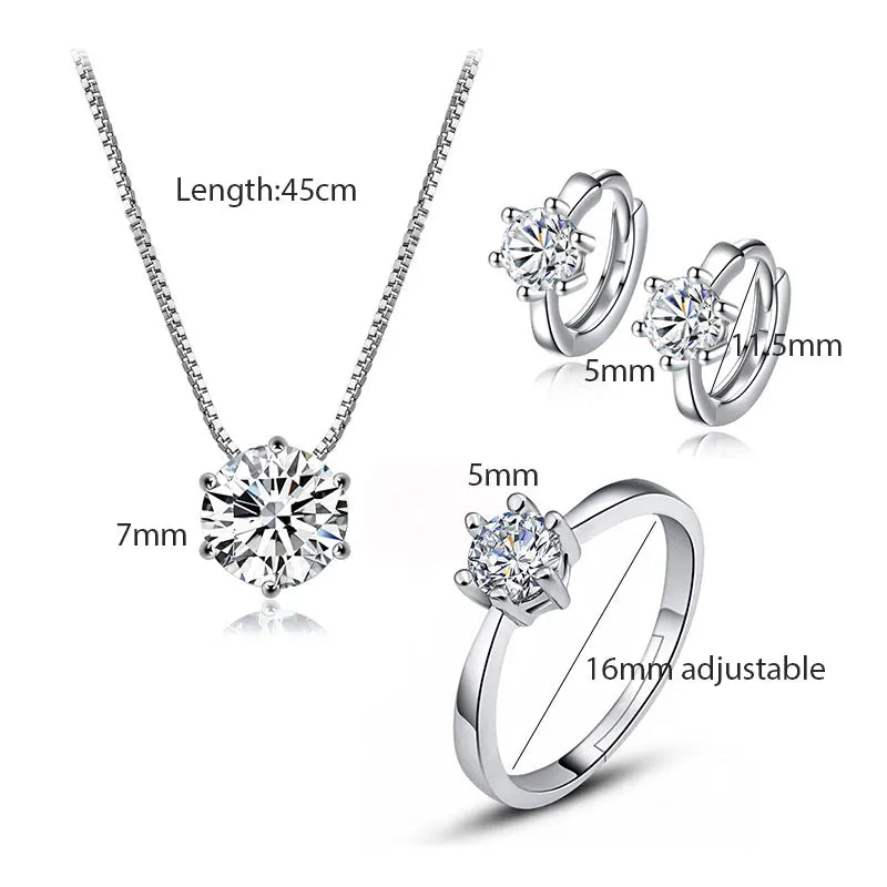 925 Sterling Silver Dazzling 6 Claws AAAAA Zirconia Necklace+Earrings+Ring Jewelry Sets For Women Wedding Jewelry