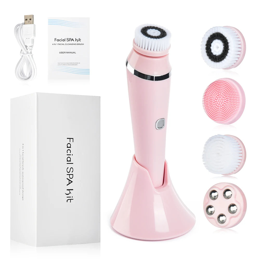 4 in 1 Electric Facial Cleansing Brushes Face Massager Silicone Rechargeable Sonic Roller Blackhead Remover Pore Cleaner