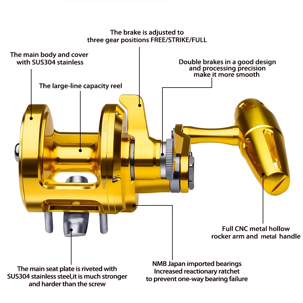 KATYUSHA Trolling Reel 5.7:1 CNC Machined Aluminum Jigging Reel 40LB Max Drag Saltwater Fishing Reel T-Bar Handle Left And Right