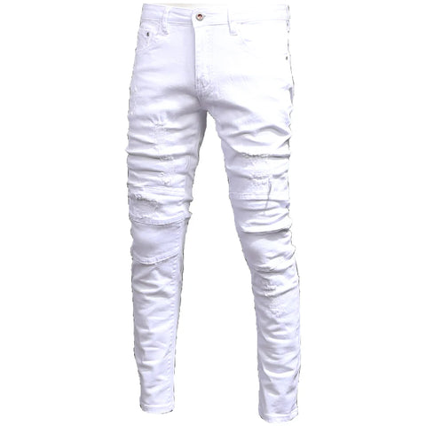 Summer Men's White Jeans Casual Cotton Slim Fit Straight Pants Mens Fashion Streetwear Ripped Patches Denim Trousers