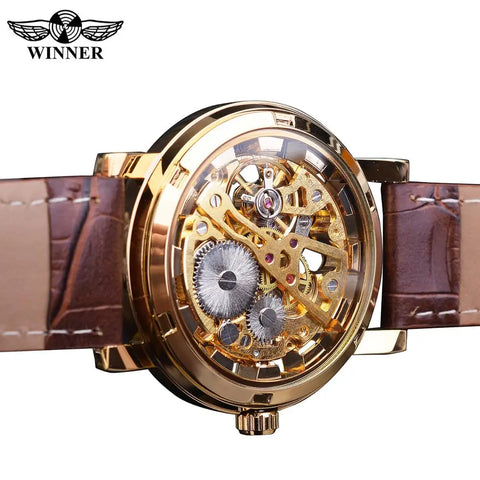 Winner Transparent Fashion Case Luxury Casual Design Leather Strap Mens Watches Top Brand Luxury Mechanical Skeleton Watch