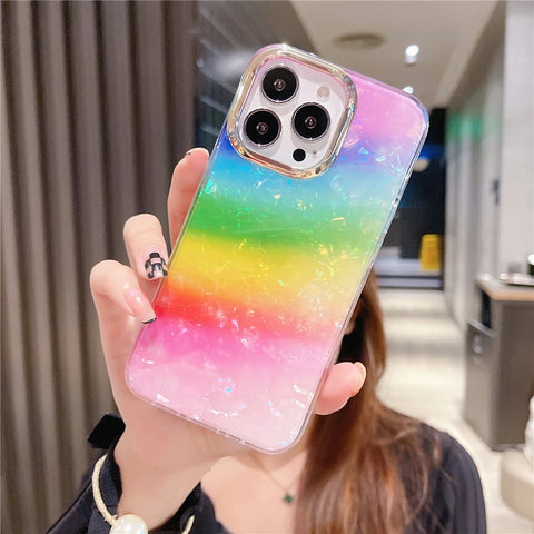 Cute Colorful Mermaid Scales Rainbow Shell Flower Phone Case for iPhone 15 14 13 12 Pro Max Leopard Print Hard Silicon Cover