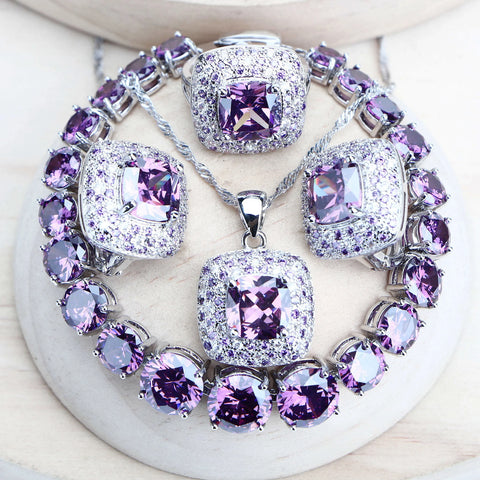 Purple Zirconia Women Bridal Jewelry Sets Silver 925 Fine Costume Jewellery Wedding Earrings Rings Bracelets Pendant Necklace