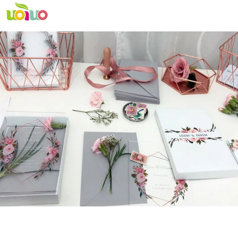 Free Shipping 10pcs Luxury High Class Romantic Acrylic Wedding Invitation Card Hot Sell,Flower Wedding Cards With Box