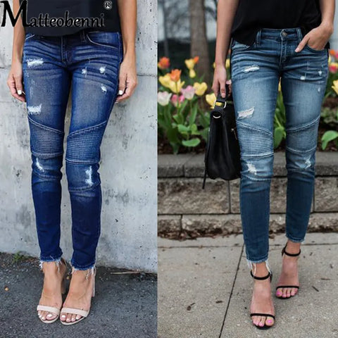 Fashion Mid Waist women Pencil Pants Casual Ripped Jeans