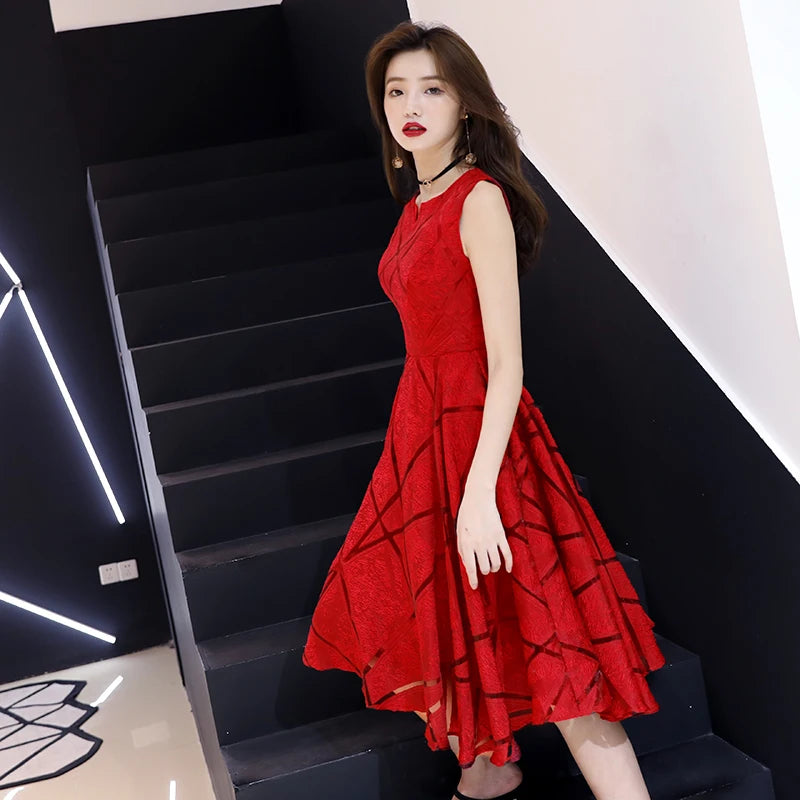 Ladybeauty New Arrival Luxury Scoop collar sleeveless Embroidery Zipper Cocktail Dresses A-line Tea Length Formal Dress