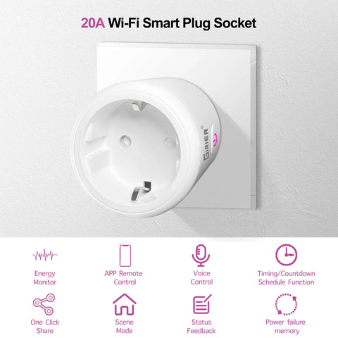 Tuya Wifi Plug 20A Smart Socket EU with Power Monitor Function Smart Life App Remote Control Outlet Works with Alexa Google Home