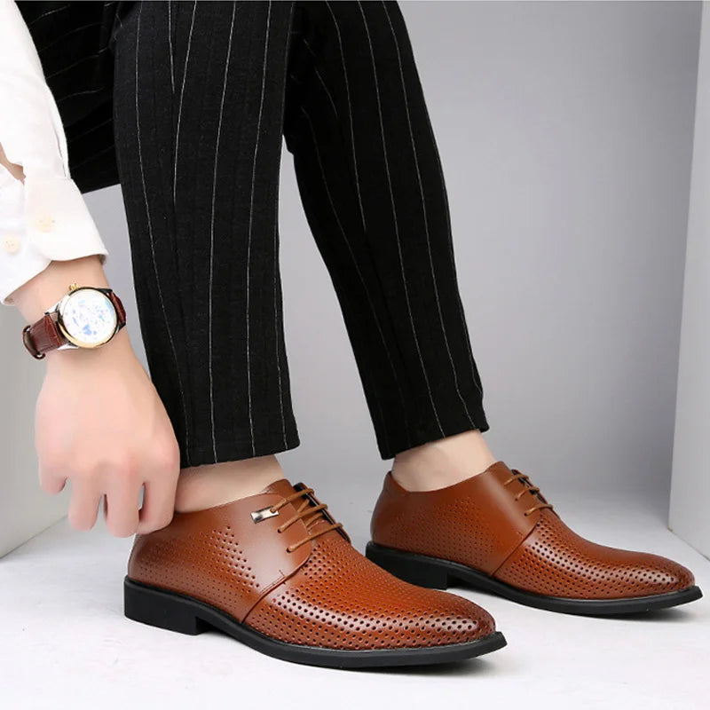 QFFAZ Summer Men Hollow Out Men Formal Shoes Men Genuine Leather Quality Shoes Breathable Men Shoes For Business