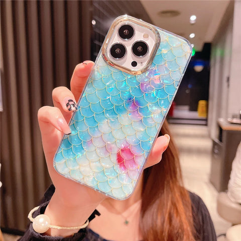 Cute Colorful Mermaid Scales Rainbow Shell Flower Phone Case for iPhone 15 14 13 12 Pro Max Leopard Print Hard Silicon Cover