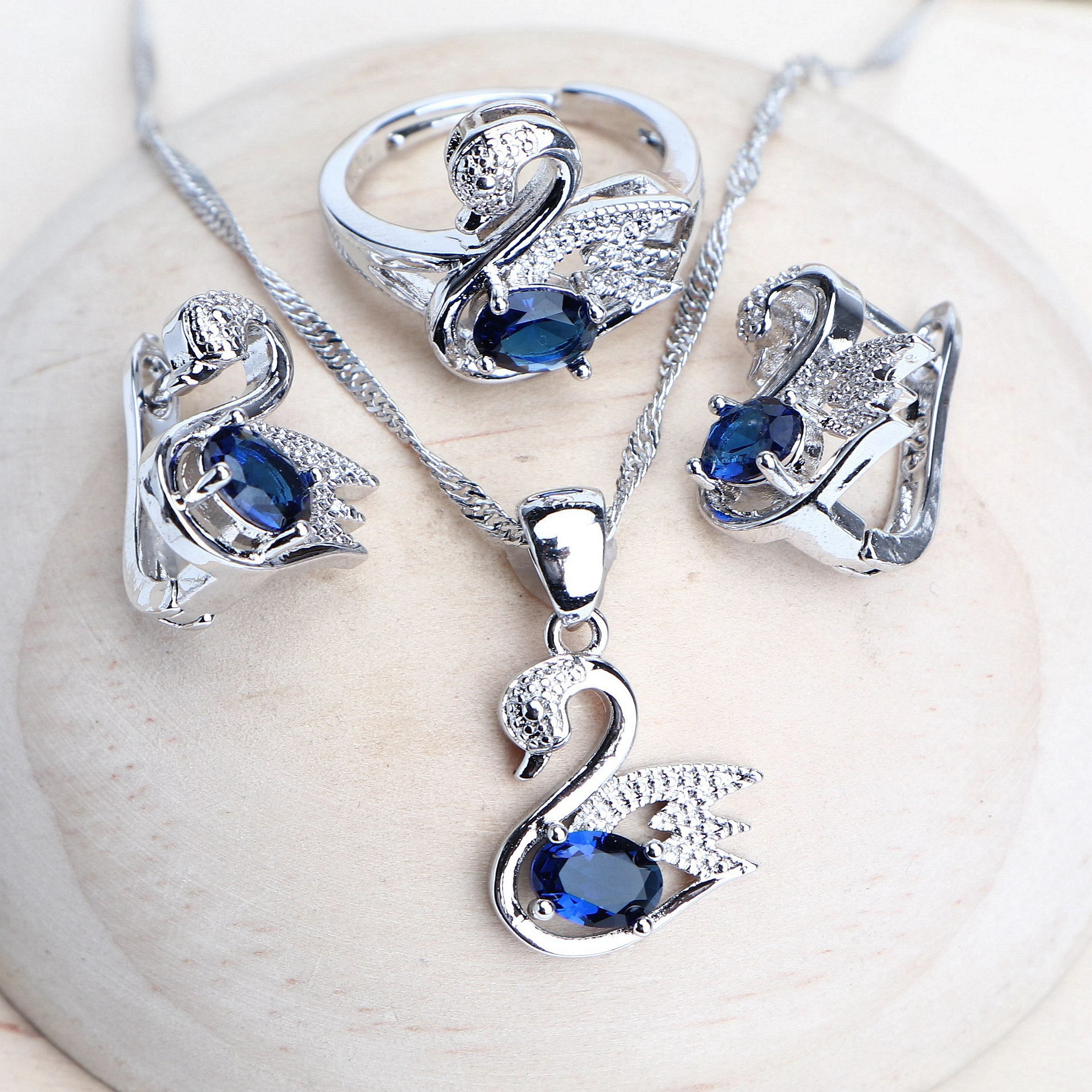 Trendy Women Bridal Jewelry Sets For 925 Sterling Silver Blue Cubic Zirconia Wedding Earrings Rings Bracelets Pendant Necklace