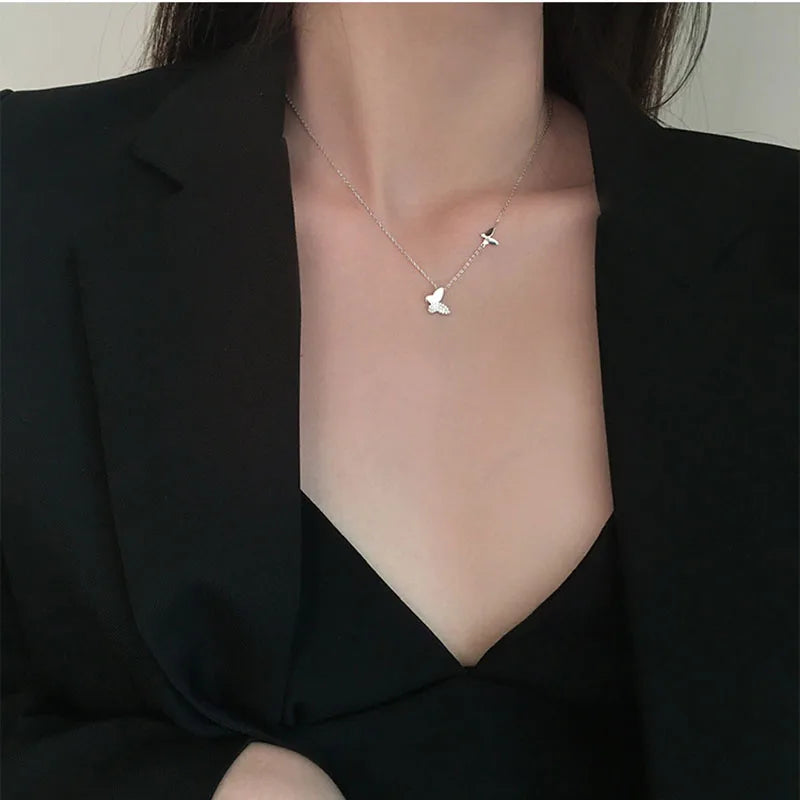 XIYANIKE Silver Color  Double Butterfly Pendant Necklace INS Simple Clavicle Chain Temperament High Quality Jewelry Female