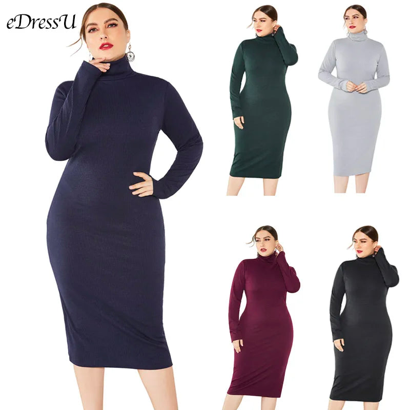 2021 Knit Dress Plus Size Women Autumn Winter Dress Turtleneck Sweater Dress High Quality Dark Blue Office Daily Dress LMT-8006