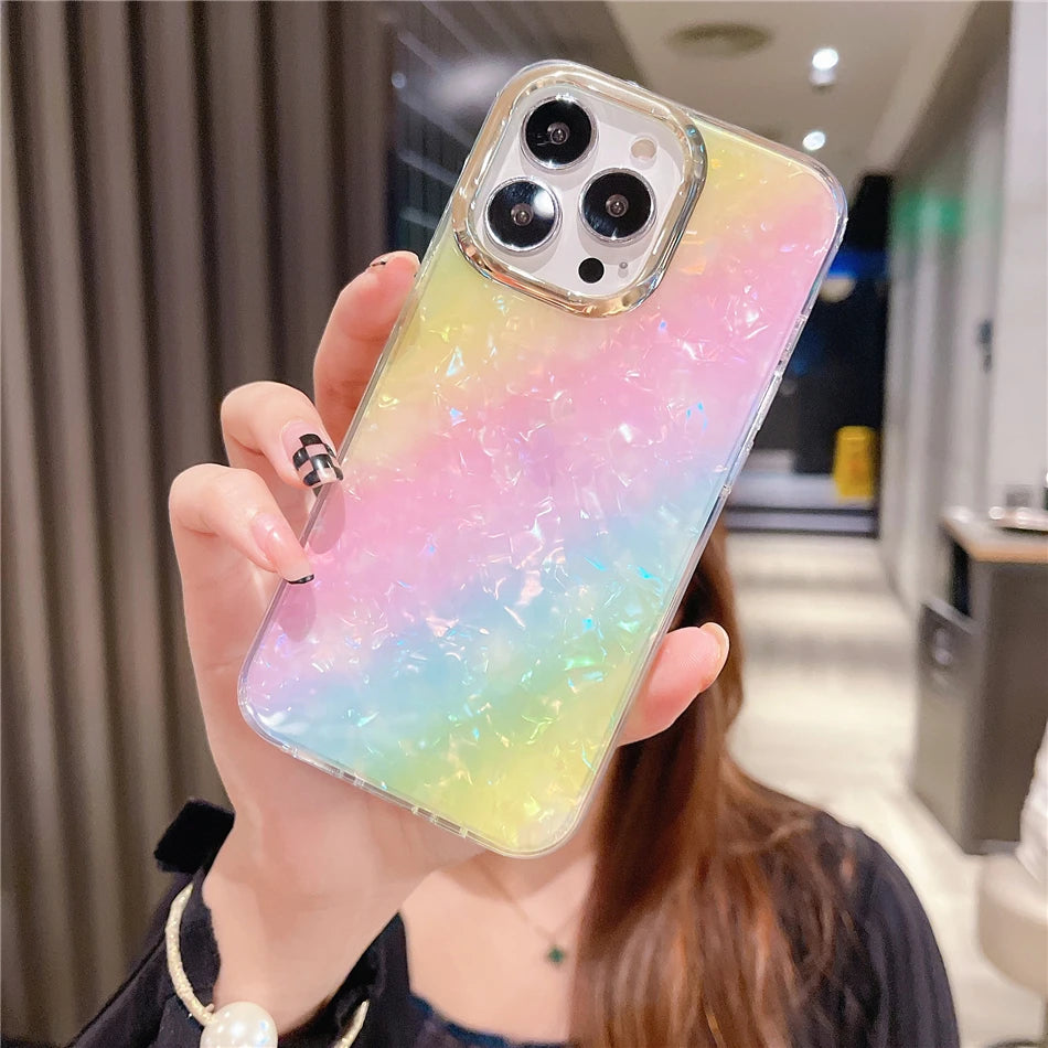 Cute Colorful Mermaid Scales Rainbow Shell Flower Phone Case for iPhone 15 14 13 12 Pro Max Leopard Print Hard Silicon Cover