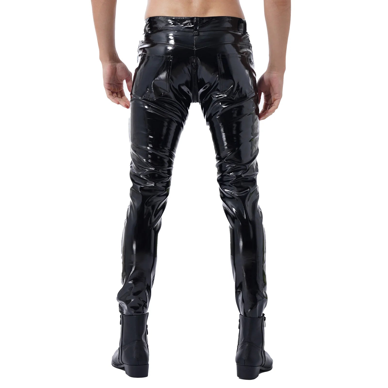 Moto Pants Leather Zipper Crotchless Pants Mens Clothing Fashion Wet Look Nightclub Performance Costumes Wet Look Trousers