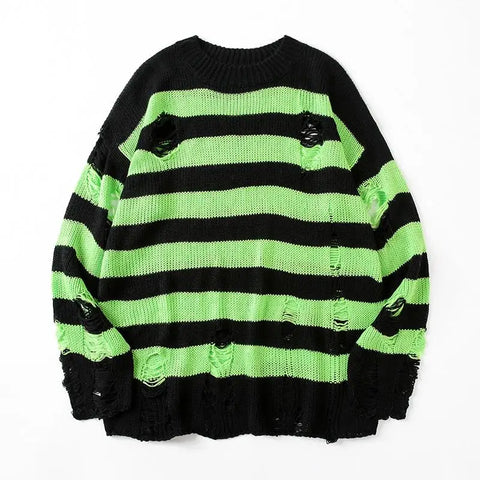 Black Stripe Sweaters Destroyed Ripped Sweater Men Pullover Hole Knit Jumpers Men Oversized Sweatshirt Harajuku Long Sleeve Tops