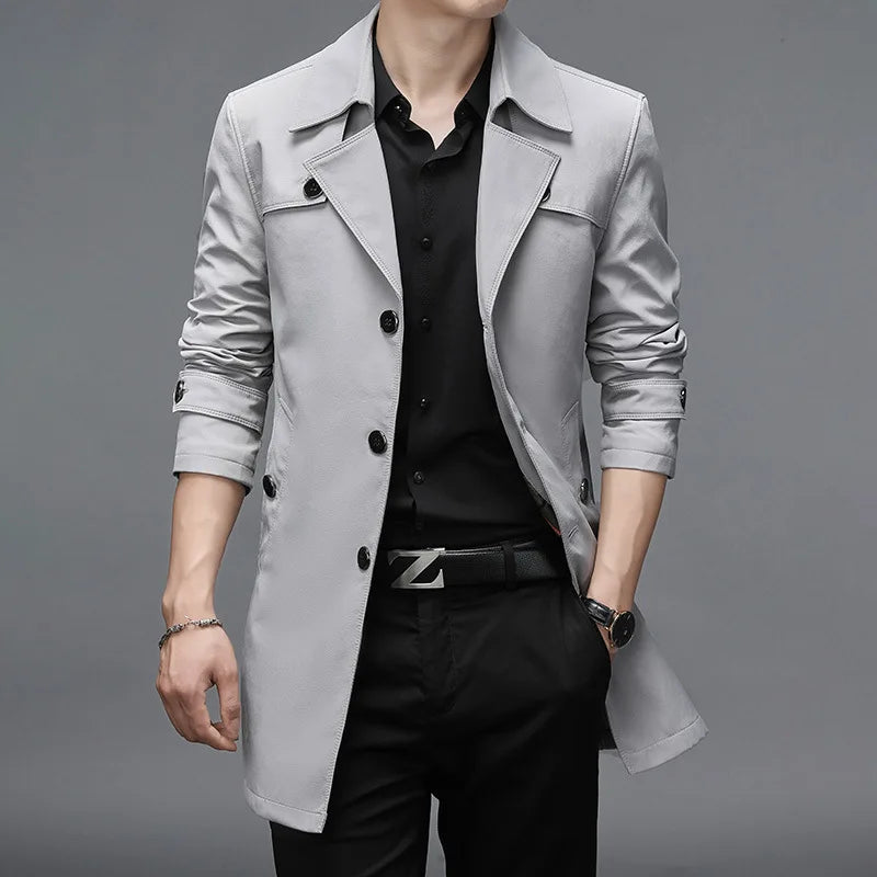 Men Long Trench Coats Hight Quality Button Windbreaker Mens Fashion Turn Down Collar Solid Trench Outerwear Jackets Plus Size