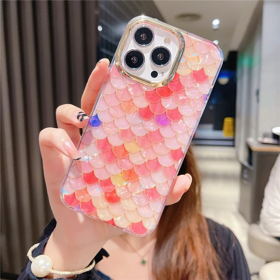 Cute Colorful Mermaid Scales Rainbow Shell Flower Phone Case for iPhone 15 14 13 12 Pro Max Leopard Print Hard Silicon Cover