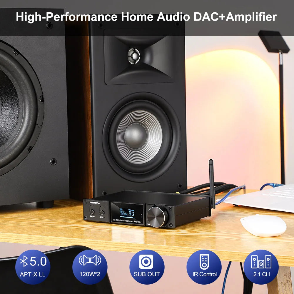 AIYIMA D05 5.0 Bluetooth Sound Amplifier 120W×2 HIFI 2.1 Channel Digital Power Amplifiers Subwoofer Amp USB DAC OLED Remote APTX