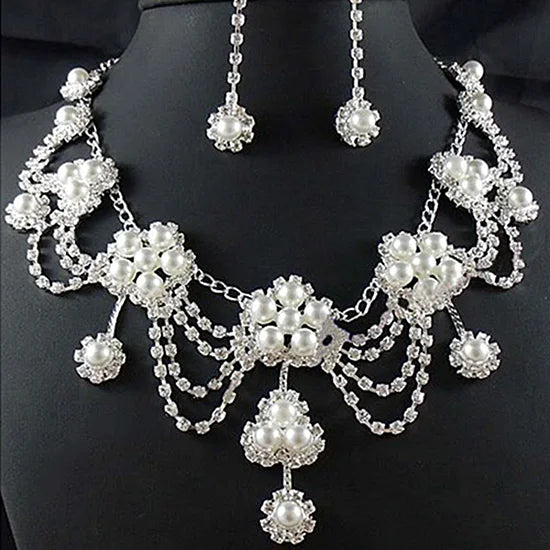 Women's Luxury Rhinestone Faux Pearl Necklace Earring Wedding Bridal Jewelry Set luxury shiny jewelry set women wedding jewelry