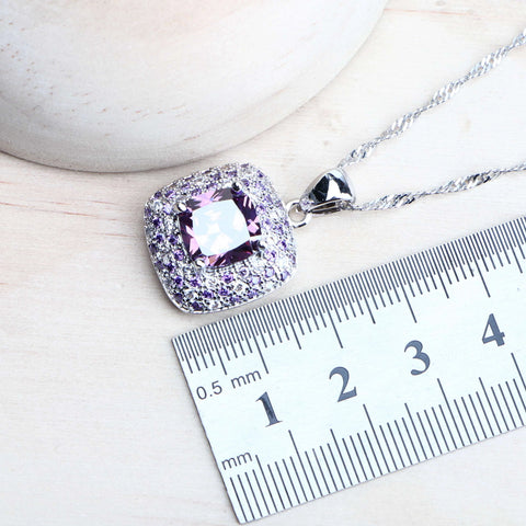 Purple Zirconia Women Bridal Jewelry Sets Silver 925 Fine Costume Jewellery Wedding Earrings Rings Bracelets Pendant Necklace