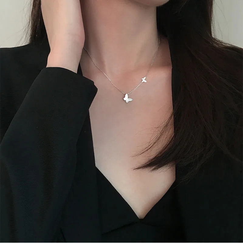 XIYANIKE Silver Color  Double Butterfly Pendant Necklace INS Simple Clavicle Chain Temperament High Quality Jewelry Female