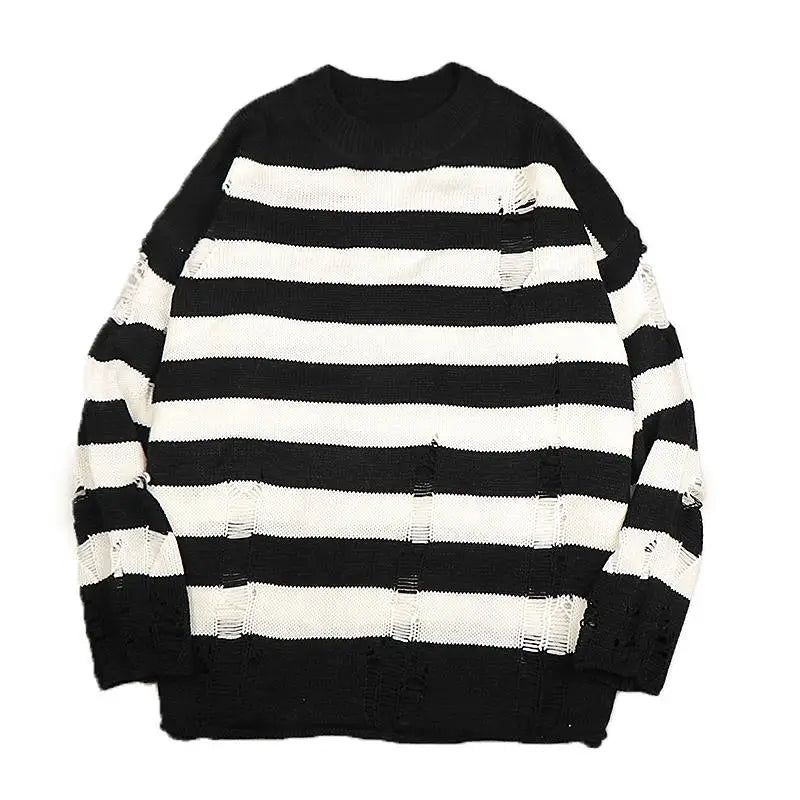 Black Stripe Sweaters Destroyed Ripped Sweater Men Pullover Hole Knit Jumpers Men Oversized Sweatshirt Harajuku Long Sleeve Tops