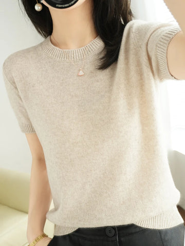 Spring and Summer New Short-sleeved Women O-neck Slim  Sweater