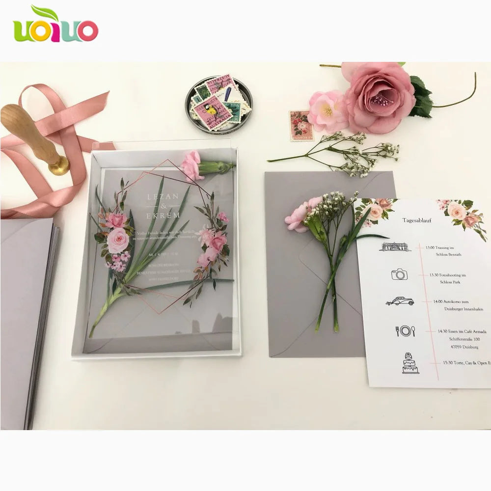 Free Shipping 10pcs Luxury High Class Romantic Acrylic Wedding Invitation Card Hot Sell,Flower Wedding Cards With Box