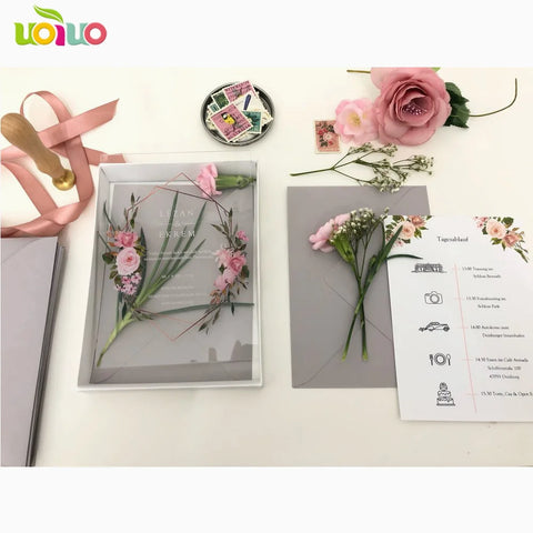 Free Shipping 10pcs Luxury High Class Romantic Acrylic Wedding Invitation Card Hot Sell,Flower Wedding Cards With Box