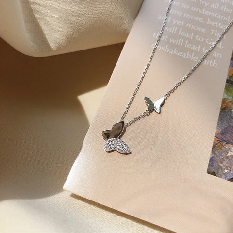 XIYANIKE Silver Color  Double Butterfly Pendant Necklace INS Simple Clavicle Chain Temperament High Quality Jewelry Female