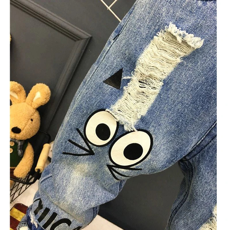 Boys Casual Hole Pants Cartoon Cat Jeans Kids Pants