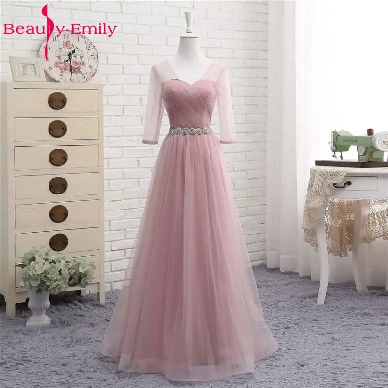 Beauty-Emily V Neck Bridesmaid Dresses Long for Wedding Elegant A Line Tulle Pink Party Gowns for Wedding Guests Prom Dress