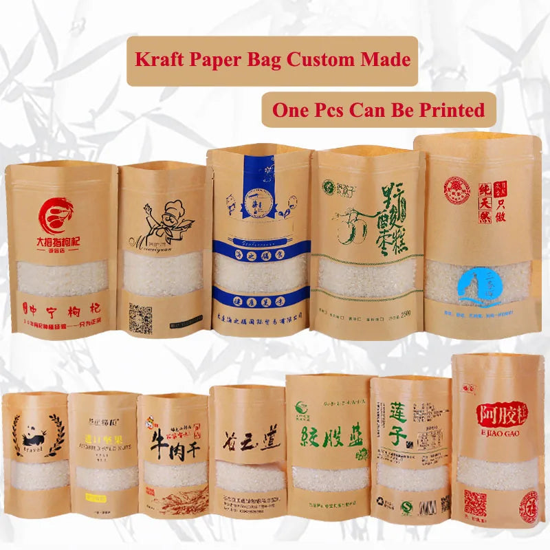 50PCS/LOT Craft Paper Zip Lock Bag With Window Gift Tea Packaging Food Stand Up Pouches Zipper Kraft Personal Custom LOGO