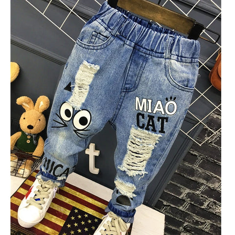 Boys Casual Hole Pants Cartoon Cat Jeans Kids Pants