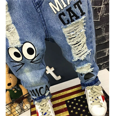 Boys Casual Hole Pants Cartoon Cat Jeans Kids Pants