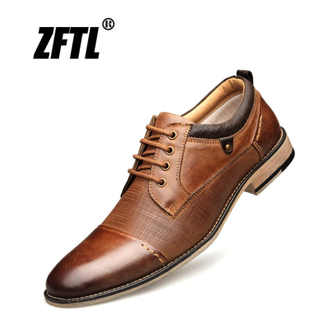 ZFTL New Man Dress shoes Big size Cow Leather Men's Business shoes Lace-up Men formal shoes fashion male Handmade shoes Brown 01