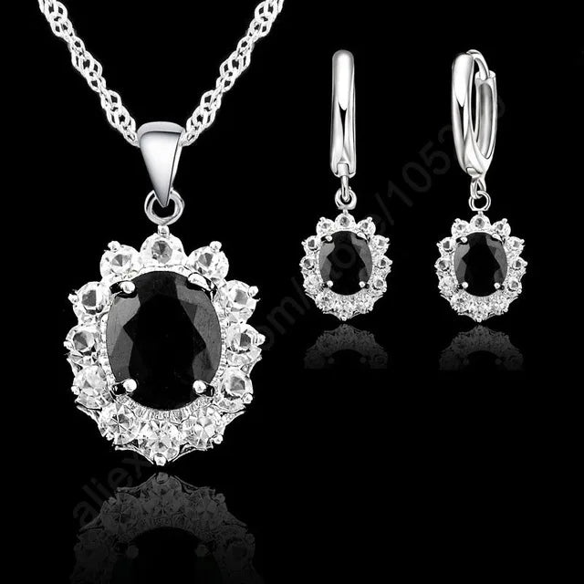 925 Sterling Silver Elegant Flower Shape Women Wedding Necklace Earring Jewelry Sets Navy Blue Cubic Zirconia Girls Gifts