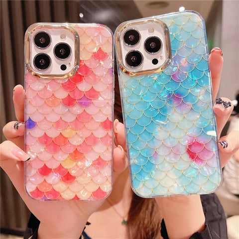 Cute Colorful Mermaid Scales Rainbow Shell Flower Phone Case for iPhone 15 14 13 12 Pro Max Leopard Print Hard Silicon Cover