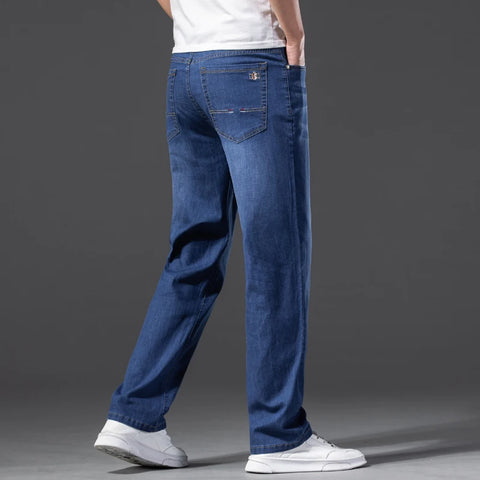 Spring Summer Men's Loose Straight Lightweight Jeans High Quality Stretch Pants Cotton Thin Denim Classic Brand Trousers 40 42