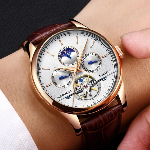 Relogio Masculino 50M Waterproof Mens Watches New LIGE Top Brand Luxury Automatic Mechanical Watch Man Leather Watch Week Clock